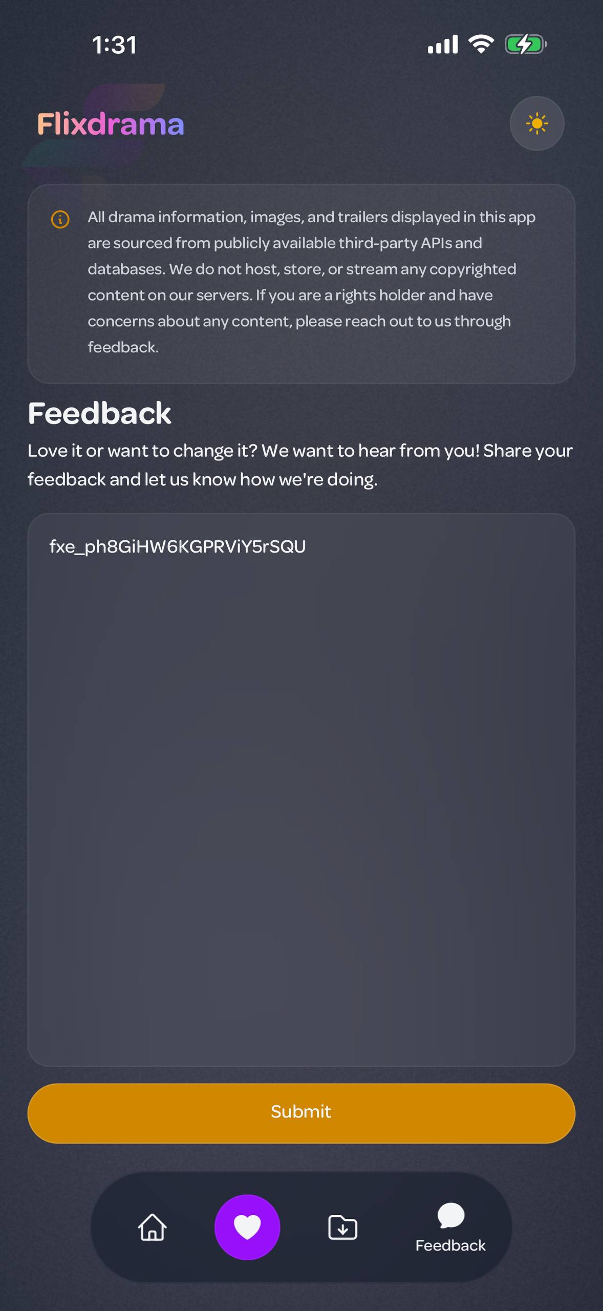 کد را در بخش Feedback وارد کنید